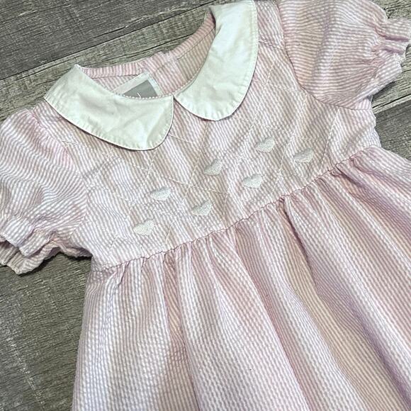 Lil Cactus Pink Stripe Seersucker Dress 2T Peter Pan Collar Heart Embroidery - Picture 3 of 7